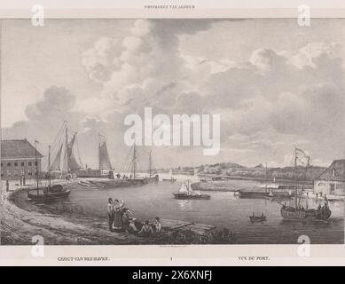 Porto di Arnhem, veduta del porto (titolo sull'oggetto), dintorni di Arnhem (titolo della serie sull'oggetto), Arnhem e i suoi dintorni (titolo della serie), barche a vela e a remi di varie dimensioni navigano sull'acqua. Davanti c'è un gruppo di figure con un disegnatore. Parte di una copertina con sei immagini., stampa, stampatore: Anonimo, stampante: Desguerrois & Co., (menzionata sull'oggetto), Amsterdam, 1827 - 1907, carta, altezza, 340 mm x larghezza, 485 mm Foto Stock