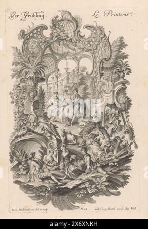 Spring, Der Frühling / le Printemps (titolo su oggetto), le quattro stagioni (titolo della serie), tre personaggi si siedono in un giardino, leggono e fanno musica. Intorno a un telaio a rocaille. A sinistra si trova una donna con una corona di fiori e un esculapo. Sulla destra c'è una fontana con putti e cavalli. In primo piano ci sono quattro figure, l'uomo a sinistra suona le cornamuse. Editore numero 13., stampa, stampatore: Jeremias Wachsmuth, (menzionato sull'oggetto), dopo il proprio disegno di: Jeremias Wachsmuth, (menzionato sull'oggetto), editore: Johann Georg Hertel (i), (menzionato sull'oggetto), Augusta, 1721 - 1771, carta Foto Stock