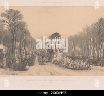 La processione funebre di Napoleone passa lungo gli Champs-Élysées, Passage du cortège dans les Champs Élysées (15 dicembre 1840) (titolo sull'oggetto), cerimonia funebre dell'imperatore Napoleone Bonaparte (titolo della serie), Funérailles de l'Empereur Napoléon (titolo della serie sull'oggetto), Print è parte di una copertina con sette stampe. Fortuné Férogio, (menzionato sull'oggetto), tipografo: Pierre Girard, (menzionato sull'oggetto), tipografo: Coulon & Cie, (menzionato sull'oggetto), Parigi, 1841, carta, altezza, 401 mm x larghezza, 522 mm Foto Stock