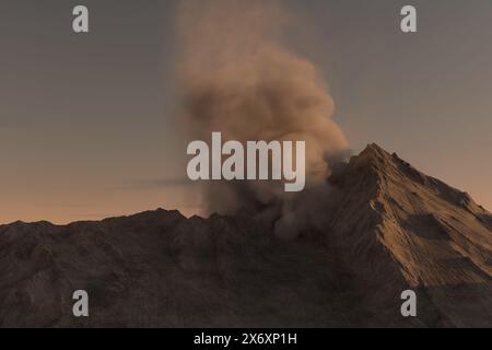 Aumento del fumo da Un'eruzione vulcanica alla luce del sole serale Foto Stock