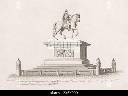 Statua equestre dell'imperatore Giuseppe II, stampa, stampatore: Jacob Merz, (menzionato sull'oggetto), dopo scultura di: Franz Anton Zauner, (menzionato sull'oggetto), 1806, carta, incisione, altezza, 205 mm x larghezza, 278 mm Foto Stock