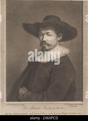 Ritratto di Herman Doomer, Ex museo an: Cousin (titolo sull'oggetto), stampa, tipografo: Nicolas-Gabriel Dupuis, (menzionato sull'oggetto), dopo la pittura di: Rembrandt van Rijn, (menzionato sull'oggetto), editore: Salomon Gautie, (menzionato sull'oggetto), Londra, c. 1713 - c. 1718, carta, incisione, incisione, altezza, 273 mm x larghezza, 210 mm Foto Stock