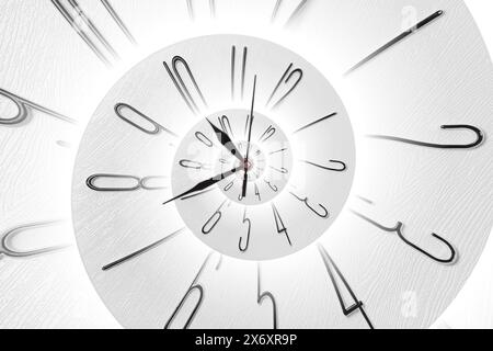 Infinito e altri concetti correlati al tempo. Orologio bianco ritorto a spirale, con motivo frattale Foto Stock