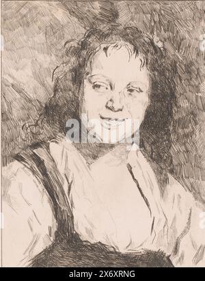 Ritratto di una giovane donna sconosciuta, tipografo: Fritz hanno, (firmato dall'artista), su disegno di: Frans Hals, c. 1880 - c. 1905, carta, incisione, altezza, 256 mm x larghezza, 196 mm Foto Stock
