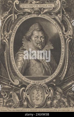 Ritratto di Joachim Ernst von Brandenburg-Ansbach, testo in latino nella cornice e nel margine inferiore., stampa, tipografo: Lucas Kilian, anonimo, editore: Lucas Kilian, (menzionato sull'oggetto), 1620, carta, incisione, altezza, 266 mm x larghezza, 180 mm Foto Stock