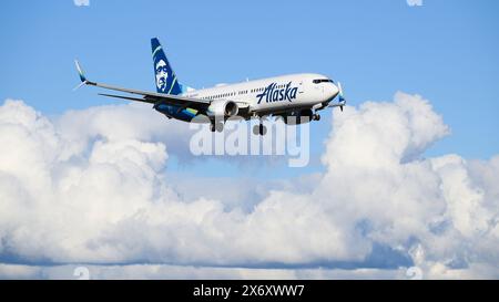 Everett, WA, USA - 21 febbraio 2024; Alaska Airlines Boeing 737 800 atterra con nuvole bianche registrazione N532AS Foto Stock