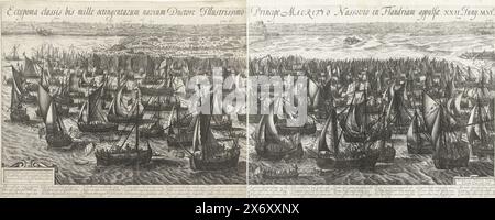 La flotta sbarcò alle Filippine nel 1600, Ectypoma classis bis mille octingentarum navium ducore illustrissimo Principe Mauritio Nassovio nell'appulsae Flandriam. XXII. Juny. M.viC. (titolo sull'oggetto), la flotta sbarcò alle Filippine. La flotta di Stato di Maurits per le Filippine, dove gli uomini sono imbarcati, 22 giugno 1600. Viaggio a Ostenda dell'esercito statale, dal 19 al 27 giugno 1600. In basso ha lasciato un cartiglio con l'assegnazione al principe Maurizio. In basso a destra un cartiglio con i nomi dell'inventore e dell'editore. Con didascalia di 12 versetti di 3 righe ciascuno in latino. L'intera performance è stampata su 2 parti separate Foto Stock