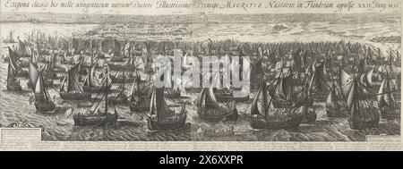 La flotta sbarcò alle Filippine nel 1600, Ectypoma classis bis mille octingentarum navium ducore illustrissimo Principe Mauritio Nassovio nell'appulsae Flandriam. XXII. Juny. M.viC. (titolo sull'oggetto), la flotta sbarcò alle Filippine. La flotta di Stato di Maurits per le Filippine, dove gli uomini sono imbarcati, 22 giugno 1600. Viaggio a Ostenda dell'esercito statale, dal 19 al 27 giugno 1600. In basso ha lasciato un cartiglio con l'assegnazione al principe Maurizio. In basso a destra un cartiglio con i nomi dell'inventore e dell'editore. Con didascalia di 12 versetti di 3 righe ciascuno in latino. L'intera performance è stampata su 2 parti separate Foto Stock