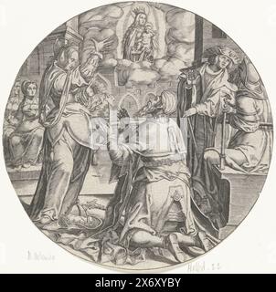 Maria con il bambino appare all'imperatore Augusto, la Sibilla Tiburtina predice la venuta di Cristo all'imperatore Augusto. L'imperatore romano Augusto vede Maria con il bambino in una visione. Per rispetto si inginocchia a terra e posa la sua corona e lo scettro., stampatore: Bartholomeus Willemsz. Dolendo, su disegno di: Lucas van Leyden, (possibilmente), Leiden, 1589 - 1626, carta, incisione, diametro, 156 mm Foto Stock