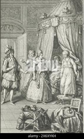 Una coppia d'amore è stata catturata in una camera da letto. Tre figure riccamente vestite sono entrate in una camera da letto e trovano un uomo e una donna a letto che si sentono un po' sorpresi. L'uomo e' rimasto a letto mentre la donna si alzava dal letto in un abito da notte. In primo piano, vestiti spogliati giacciono su una sedia e uno sgabello., stampa, stampatore: Jacob Folkema, (menzionato sull'oggetto), su disegno proprio di: Jacob Folkema, (menzionato sull'oggetto), 1702 - 1767, carta, incisione, altezza, 143 mm x larghezza, 87 mm Foto Stock