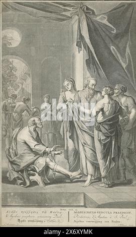 Profezia di Agabo, Agabo predice a Paolo che sarà legato mano e piede a Gerusalemme. Rappresentazione biblica degli atti. 21:10 con il titolo della performance in sei lingue a margine., stampa, tipografo: Jacob Folkema, (menzionato sull'oggetto), dopo aver disegnato da: Houbraken, (menzionato sull'oggetto), 1702 - 1767, carta, incisione, incisione, altezza, 364 mm x larghezza, 226 mm Foto Stock
