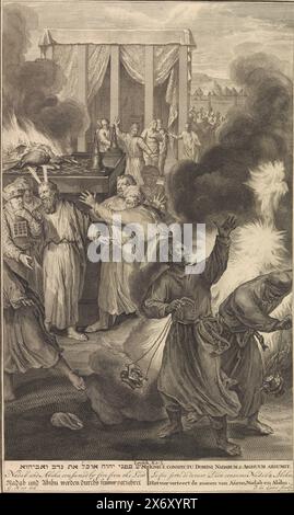 Nadab e Abihu uccisi dalle fiamme, i figli di Aaron, Nadab e Abihu, commisero un peccato agli occhi di Dio facendo un fuoco sbagliato nelle loro ciotole. Come punizione, Dio ha bruciato i fratelli. Rappresentazione biblica di Lev. 10:1-3 con il titolo della performance in sei lingue a margine., stampa, tipografo: Jacob de Later, (menzionato sull'oggetto), dopo aver disegnato da: Gerard Hoet (i), (menzionato sull'oggetto), editore: Pieter de Hondt, Amsterdam, 1728, carta, incisione, incisione, altezza, 361 mm x larghezza, 218 mm Foto Stock