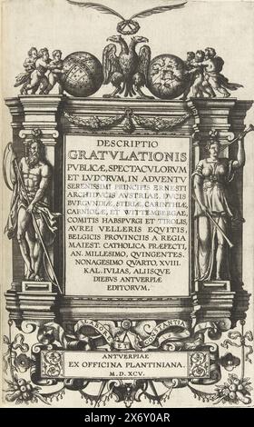 Secondo titolo stampato per la descrizione dell'ingresso dell'arciduca Ernesto come governatore dei Paesi Bassi ad Anversa, 1594. Secondo titolo stampato per la descrizione dell'ingresso festivo dell'arciduca Ernesto come governatore dei Paesi Bassi tenutosi ad Anversa il 18 luglio 1594. Titolo in una cornice decorativa con link al tempo e a destra la fama che soffia una tromba. In cima ai putti con globi di cielo e mondo su entrambi i lati dell'aquila a doppia testa. Parte della descrizione di questa voce di Joannes Bochius, Descriptio publicae gratulationis, spectaculorum et ludorum, in adventu Sereniss. Principis Ernesti Foto Stock