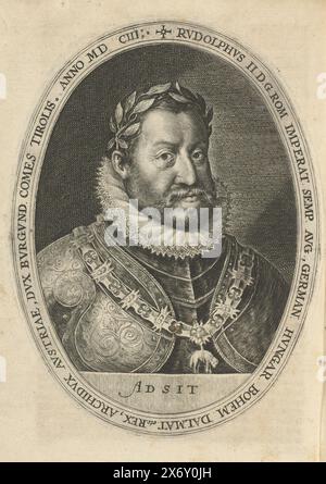 Ritratto dell'imperatore Rodolfo II, 1603, Ritratto dell'imperatore Asburgo Rodolfo II, 1603. Ritratto ovale con busto dell'imperatore, con scritta bordo in latino. Incluso nell'opuscolo intitolato: Den Spaenschen ende Arragoenschenspiegel. In cui si può vedere chiaramente e veramente qual è l'altro lato ... l'intenzione ... del popolo spagnolo, che lo ha tenuto quest'inverno nei Creyts della Vestfalia., stampa, stampatore: Crispijn van de Passe (i), Paesi Bassi, 1599 e/o 1603, carta, incisione, altezza, 155 mm x larghezza, 117 mm Foto Stock