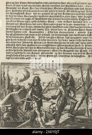 Orfeo preso a bordo dalla New Age, 1625, allegoria politica con Orfeo preso a bordo di una nave dalla New Age. A sinistra una città con mura difensive e cannoni. In aria una mano con fulmini., stampa, stampatore: Anonimo, Paesi Bassi del Nord, 1625, carta, incisione, stampa letterpress, altezza, 88 mm x larghezza, 130 mm, altezza, 185 mm x larghezza, 135 mm Foto Stock