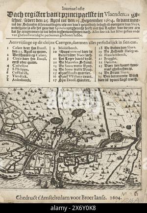 Frontespizio dell'opuscolo: Journal or Dach-register of the MOST Important shooting in Fiandre, from April 25 to September 15, 1604, compresa la cattura dello Schansen, le schermaglie, nonché il violento assedio e l'attraversamento di Sluys, 1604, stampa del titolo del pamphlet Journael ofte Dach-register of the principal shooting in Fiandre, con una mappa dell'assedio di Sluis da parte dell'esercito di Stato sotto Maurizio, inizio maggio - 19 agosto 1604. Sopra la scena il titolo e la leggenda 1-25 ., stampa, stampatore: Anonimo, editore: Broer Jansz. (Amsterdam), (menzionato sull'oggetto), stamperia: Nord Foto Stock