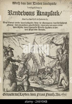 Frontespizio dell'opuscolo: Rendevous Knapsack, 1620, frontespizio dell'opuscolo: Rendevous Knapsack, 1620. Allegoria alla fine della tregua dei dodici anni. Gli arciduchi Alberto e Isabella, insieme al diavolo, cercano di impedire che l'obelisco di Treves (la tregua) cada. A sinistra il Leone olandese, un feroce soldato e altre figure e animali. Dal cielo piove fiamme e armi., stampa, stampatore: Anonimo, editore: Frans Fransz., (menzionato sull'oggetto), tipografo: Paesi Bassi settentrionali, editore: Leiden, 1620, carta, incisione, stampa con carta intestata, altezza Foto Stock