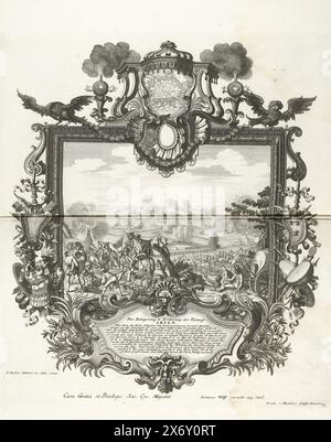 Cattura di Aire, 1710, Die Belagerung u. Eroberung der Vestung Arien (titolo sull'oggetto), cattura di Aire. Assedio di Aire da parte degli Alleati dall'11 settembre e presa l'8 novembre 1710. La rappresentazione centrale del campo dell'esercito e l'assedio contenevano una cornice ornamentale riccamente decorata con un cartiglio in cima con una mappa della città tra due bombe fumanti e due aquile. In fondo un cartiglio con la descrizione degli eventi in tedesco. Da entrambi i lati, trofei d'arma con simboli dell'esercito francese conquistato. Foglio nella raccolta rilegata di dischi pubblicati con il titolo Foto Stock