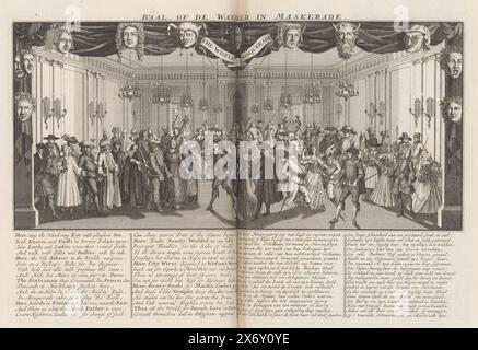 Bal, o il mondo in Masquerade, 1720, Baal. Oppure The Waereld in Masquerade, The World in Masquerade (titolo sull'oggetto), Het Groote Tafereel der Dwaasheid (titolo della serie), Ball o The World in Masquerade. Palcoscenico con una sala da ballo dove si celebra un ballo mascherato. Undici maschere pendono ai lati e sopra il palco, comprese quelle del diavolo, di un giullare, ecc.. Con didascalie in quattro colonne in inglese e olandese. Stampa nella prima edizione legata (304 B 11) di Het Groote Tafereel der Dwaasheid con cartoni animati sul Windhandel o Actiehandel del 1720., stampa, stampatore: Anonimo, Paesi Bassi del Nord Foto Stock