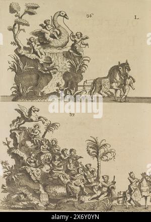 Foglio L: Diciannovesimo galleggiante, 1767, foglio L con diciannovesimo galleggiante e diciassettesimo animale. Diciannovesimo galleggiante con Apollo e le nove Muse sul monte Parnaso. Diciassettesimo animale: swan. Marchio: L, 36-37. Parte della parata durante la celebrazione del 30 maggio 1767 del 700° anniversario di San Macario, patrono della città di Gand e patrono contro la peste., stampa, tipografo: Lieven Wouters, (menzionato sull'oggetto), Gand, 1767, carta, incisione, incisione, altezza, 244 mm x larghezza c. 180 mm Foto Stock