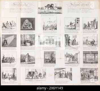 Stampa da un almanacco studente di Utrecht, 1835, Stichtsche School print (titolo su oggetto), illustrazione dall'almanacco studente dell'Università di Utrecht dell'anno 1835. Sedici scene della vita studentesca, ciascuna con un verso di tre o quattro righe. In cima c'è un cartone animato in cui studenti e insegnanti mangiano il loro pieno di latte e burro da una grande mucca (che rappresenta l'università). Questa copia in un'antologia del 1853 sulla vita studentesca di Utrecht 1823-1847., stampa, su disegno di: Louis Charles Hora Siccama, (menzionato sull'oggetto), stampante: P. Blommers (Steendrukkerij van), (menzionato sull'oggetto Foto Stock