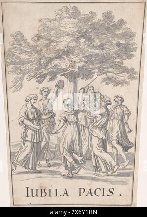 Emblema allegorico alla Pace di Rijswijk, 1697, emblema con un gruppo di sei donne che fanno musica e ballano intorno a un albero. Iscrizione: Iubila pacis. Design for a decoration for the Celebration of the Peace of Rijswijk in 1697., disegno, disegnatore: Anonimo, Paesi Bassi del Nord, 1697, carta, penna, spazzola, altezza, 311 mm x larghezza, 216 mm Foto Stock