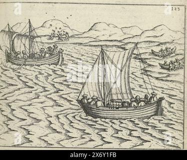 Le barche vengono nuovamente varate nel 1597, dopo che gli uomini hanno trascinato le barche sull'isola della Croce, le lanciano di nuovo. A pagina 123 in: 'Relazione Warhafftige. Der dreyen newen uner hörten seltzaamen Schiffart so die Dutch und Seeländischen Schiff....anno 1594, 1595 und 1596 Performed' (1598)., print, print maker: Anonymous, after drawing by: Gerrit de Veer, (possibilmente), editore: Levinus Hulsius, Neurenberg, 1598, carta, incisione, altezza, 105 mm x larghezza, 145 mm Foto Stock