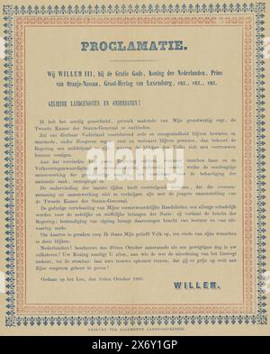 Proclamazione di re Guglielmo III sullo scioglimento della camera dei rappresentanti, documento incollato, testo stampato in blu con bordo rosso-blu. Incollato su cartone., Willem III (koning der Nederlanden), E.J.H. Brunet, J. Heemskerk, Het Loo, tipografia: L'Aia, 10 ottobre 1866, carta, stampa, lunghezza, 25,3 cm x larghezza, 19,8 cm Foto Stock