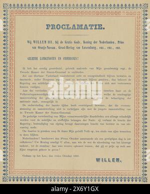 Proclamazione di re Guglielmo III sullo scioglimento della camera dei rappresentanti, documento incollato, testo stampato in blu con bordo rosso-blu. Incollato su cartone., Willem III (koning der Nederlanden), E.J.H. Brunet, J. Heemskerk, Het Loo, tipografia: L'Aia, 10 ottobre 1866, carta, stampa, lunghezza, 25,3 cm x larghezza, 19,8 cm Foto Stock