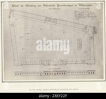 Planimetria, vista frontale e situazione della scuola (titolo sull'oggetto), foto della planimetria disegnata e vista frontale degli edifici della Scuola per la formazione dei medici nativi (STOVIA) a Weltevreden. Foto incollata nell'album di ca. 1902 intitolata: School for the Training of Native Physicians, in Remembrance of the Inauguration of Queen Wilhelmina and for the Salvation of the Population of the Dutch East Indies., Photography, Tan Tjie LAN, (attribuito a), Weltevreden, c. 1902, supporto fotografico, stampa albume, altezza, 188 mm x larghezza, 245 mm Foto Stock