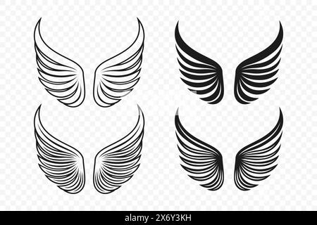 Set di icone dell'ala vettoriale. Silhouette vintage Angel Wings, icone, modello di design con logo, Clipart Collection. Cupido, Bird Wings. Illustrazione vettoriale Illustrazione Vettoriale