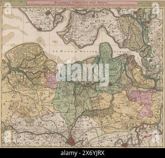 Mappa delle Fiandre del Nord, Flandriae comitatus pars Batava tam in ejusdem subjacentia quam vicina Territory (titolo sull'oggetto), Mappa delle Fiandre del Nord e parte della Zelanda. In alto a sinistra accanto al titolo la leggenda, in alto a destra la scala in miglia tedesche e francesi., Nicolaes Visscher (i), editore: Nicolaes Visscher (i), (menzionato sull'oggetto), Staten-Generaal, (menzionato sull'oggetto), Amsterdam, c. 1695, carta, incisione, altezza, 48,9 cm x larghezza, 54,6 cm Foto Stock