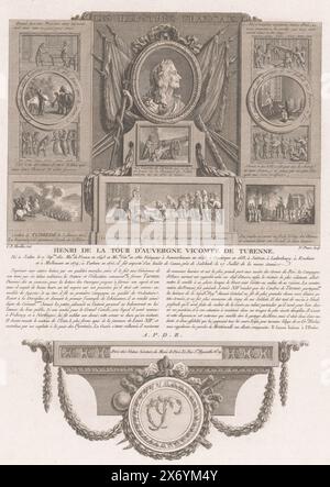 Ritratto allegorico di Henri de la Tour d'Auvergne, ritratti di personaggi storici francesi (titolo della serie), Les illustres franais, ou tableaux historiques des grands hommes de la France (titolo della serie), stampa, tipografo: Nicolas Ponce, (menzionato sull'oggetto), dopo disegno di: Clément Pierre Marillier, (menzionato sull'oggetto), editore: Nicolas Ponce, (menzionato sull'oggetto), editore: Paris, Francia, 1790 - 1816, carta, incisione, incisione, altezza, 335 mm x larghezza, 225 mm Foto Stock