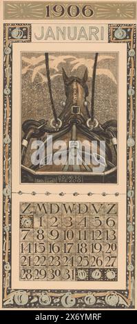 Foglio di calendario di gennaio con cavallo imbrigliato, andare allo zoo (titolo sull'oggetto), Calendario 1906 12 litografie per th. v. Hoytema (titolo della serie), il cavallo è visto dalla scatola della carrozza e cavalca attraverso un paesaggio invernale. Gli uccelli volano nel cielo. La pedana dice: Andare allo zoo. A strappo line under the year., print, print maker: Theo van Hoytema, (menzionato sull'oggetto), printer: Tresling & Com., (menzionato sull'oggetto), publisher: Theo van Hoytema, Amsterdam, 1905, paper, height, 450 mm x larghezza, 210 mm Foto Stock