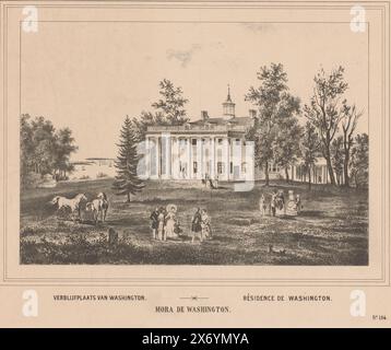 Veduta di Mount Vernon, residenza di George Washington, residenza di Washington, Résidence de Washington, Mora de Washington (titolo sull'oggetto), veduta di Mount Vernon in Virginia. Mount Vernon era la residenza di George Washington. Varie figure e due cavalli camminano nel giardino della casa di campagna., stampa, tipografo: Anonimo, 1850 - 1880, carta, altezza, 345 mm x larghezza, 428 mm Foto Stock