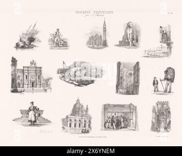 Cityscapes of Venice, Venetian sketches (titolo della serie), Croquis Venitiens (titolo della serie su oggetto), Print with tredici views of the City of Venice., print maker: N. Pertsch, (menzionato sull'oggetto), printer: Deyé, (menzionato sull'oggetto), editore: Joseph Kier, (menzionato sull'oggetto), Venezia, 1833, carta, altezza, 487 mm x larghezza, 626 mm Foto Stock