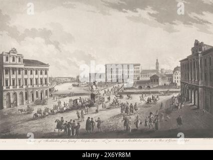 Vista di Stoccolma da Gustav Adolfs torg, Vue de Stockholm Prize de la Place de Gustave Adolphe, Utsigt af Stockholm fran Gustaf Adolphs Torg (titolo sull'oggetto), Vista di Stoccolma da Gustav Adolfs torg, una piazza nel quartiere Norrmalm nel centro di Stoccolma. Numerato in basso a sinistra: 3., stampa, stampatore: Johan Fredrik Martin, (menzionato sull'oggetto), Stoccolma, 1805 - 1818, carta, altezza, 364 mm x larghezza, 538 mm Foto Stock