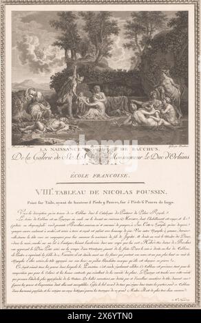 Nascita di Bacco, la Galerie du Palais Royal (titolo della serie), dipinti della collezione del Duca d'Orleans (titolo della serie), mercurio affida Bachus alla cura delle ninfe sul Monte Nysa, sedute intorno a uno stagno e bagnate nell'acqua. Mercurio punta verso l'alto, dove Giove può essere visto., stampa, tipografo: Jean Dambrun, (menzionato sull'oggetto), dopo aver dipinto di: Nicolas Poussin, (menzionato sull'oggetto), disegnatore: Antoine Borel, (menzionato sull'oggetto), tipografo: Francia, dopo la pittura di: Francia, disegnatore: Francia, editore: Parigi, editore: Parigi, Francia, 1786 - 1808, carta Foto Stock