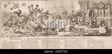 Louis-Marie de la Révellière-Lépeaux siede su uno sgabello su un palco che legge Religion de la Nature circondato da caricature di persone e animali, tra cui Francis Russell, V duca di Bedford, come Leviathan, nuova moralità; -Or- la puntata promis del sommo sacerdote dei teofilo, con l'omaggio di Leviatano e della sua suite (titolo sull'oggetto), illustrazioni satiriche al poema di Canning "nuova moralità", il cui testo è in inglese in parti nel margine inferiore., stampa, stampatore: James Gillray, (menzionato sull'oggetto), su progetto di James Gillray, (menzionato sull'oggetto) Foto Stock