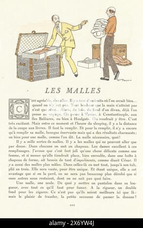 Gazette du Bon Ton, 1914 - No. 6, p. 222: Les Malles (Modèles de Louis Vuitton) (titolo sull'oggetto), Les Malles: Testo con illustrazioni sulle valigie di Louis Vuiton. Pagina 222 in Gazette du Bon Ton, 1914 - No. 6, su disegno di: Maurice Taquoy, (menzionato sull'oggetto), stampatore: Anonimo, editore: Lucien Vogel, (menzionato sull'oggetto), editore: Parigi, editore: Berlino, editore: Londra, tipografia: Parigi, 1914, carta, stampa intestata, altezza, 245 mm x larghezza, 381 mm Foto Stock