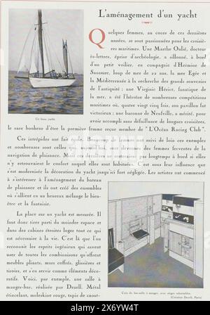 Art - Goût - Beauté, Feuillets de l'élégance féminine, Juin 1932, No. 142, 12e Année, p. 31, testo 'l'aménagement d'un yacht' con due foto di uno yacht in mare e l'interno di un bar, progettato da Dezell. Pagina della rivista di moda Art-Goût-Beauté (1920-1933)., rivista, editore: H. Rouit, 1932, paper, altezza c. 315 mm x larghezza c. 240 mm Foto Stock