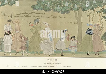 Gazette du Bon Ton, Été 1915 - No. 8-9, PL. 3: Vichy (II), ou, le Jeu des Marionnettes (titolo sull'oggetto), sei donne e quattro bambini che giocano con varie bambole di marionette. Indossano disegni di Callot, Jenny, Paquin, Martial et Armand, Doeuillet e Lanvin. Planche 3 from Gazette du Bon Ton 1915, No. 8-9., dopo il disegno di: George Barbier, (menzionato sull'oggetto), stampatore: Anonimo, Callot Soeurs, (menzionato sull'oggetto), Parigi, 1915, carta, stampa letterpress, altezza, 243 mm x larghezza, 373 mm Foto Stock