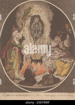 Cartoon on the Peace of Amiens, 1802, A Phantasmagoria; - scena - Conjuring-up an Armed Skeleton (titolo sull'oggetto), Cartoon at the Peace of Amiens, 1802, qui raffigurato come un sacrificio britannico alla Francia. Gli statisti inglesi come le tre streghe del Macbeth di Shakespeare preparano una pozione magica in un calderone. Uno scheletro "Pace" nasce dai fumi del calderone. Numerato in alto a destra: N. 1., stampa, stampatore: C. Starcke, (menzionato sull'oggetto), dopo stampa di: James Gillray, (menzionato sull'oggetto), Inghilterra, 1802 - 1803, carta, incisione, altezza, 238 mm x larghezza, 185 mm Foto Stock