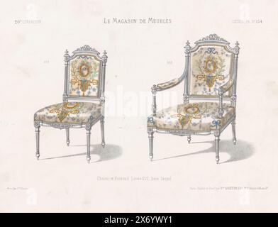 Sedia e poltrona, Chaise et fauteuil Luigi XVI, bois laqué (titolo sull'oggetto), le Magasin de Meubles, Sièges (titolo della serie sull'oggetto), Una sedia e una poltrona in stile Luigi XVI. Print from 20th Livraison., stampa, stampatore: Anonimo, su disegno di: Victor Joseph Quétin, (menzionato sull'oggetto), stampatore: Victor Joseph Quétin, (menzionato sull'oggetto), Parigi, 1832 - 1877, carta, altezza, 273 mm x larghezza, 359 mm Foto Stock