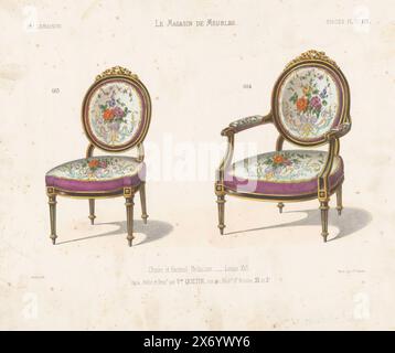 Sedia e poltrona, Chaise et fauteuil Médaillon. Luigi XVI (titolo sull'oggetto), le Magasin de Meubles, Sièges (titolo della serie sull'oggetto), Una sedia e una poltrona in stile Luigi XVI. Stampa dal 15° Livraison., stampa, tipografo: Zamor, (menzionato sull'oggetto), su disegno di: Victor Joseph Quétin, (menzionato sull'oggetto), tipografo: Victor Joseph Quétin, (menzionato sull'oggetto), Parigi, 1832 - 1877, carta, altezza, 274 mm x larghezza, 358 mm Foto Stock