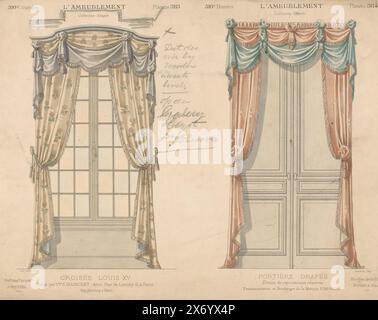 Finestra e porta con tende, Croisée Louis XV, Portière drapée (titolo sull'oggetto), l'ameublement, Collection Simple (titolo della serie), Una finestra e una porta con tende drappeggiate. La finestra in stile Luigi XV. Print from 310th Livraison., print, print maker: Léon Laroche, (menzionato sull'oggetto), printer: Monrocq, (menzionato sull'oggetto), publisher: Weduwe Eugène Maincent, (menzionato sull'oggetto), Parigi, 1895, paper, altezza, 278 mm x larghezza, 355 mm Foto Stock