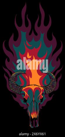 illustrazione vettoriale del cranio di bue con fiamme su sfondo nero Illustrazione Vettoriale