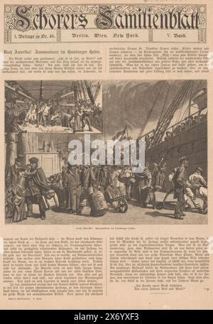 Pagina da 'Schorers Familienblatt', con una foto della partenza degli immigrati tedeschi verso l'America nel porto di Amburgo, Schorers Familienblatt, Nach Amerika! Auswanderer im Hamburger hafen (titolo sull'oggetto), con testo tedesco su verso., stampa, stampatore: Richard Bong, (menzionato sull'oggetto), editore: J.H. Schorer, (menzionato sull'oggetto), Berlino, 1884, carta, incisione legno, stampa tipografica, altezza, 200 mm x larghezza, 140 mm Foto Stock