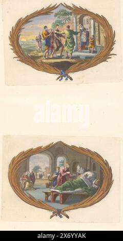 Foglio con due vignette, Foglio con due vignette. Sopra: Ospitare gli estranei. Qui sotto: Visitare gli ammalati. Leaf in the second part of the picture Bible with the New Testament, pubblicato da Pieter Mortier, Amsterdam 1700., print, Dirk Janszoon van Santen, print maker: Jan Luyken, editore: Pieter Mortier (i), Amsterdam, 1700, paper, etching, altezza c. 115 mm x larghezza c. 150 mm, altezza, 440 mm x larghezza, 275 mm Foto Stock