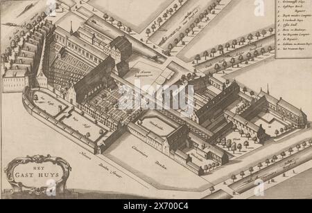 Vista dall'alto del Binnengasthuis e dell'Oudezijds Heerenlogement di Amsterdam, Het Gast Huys (titolo sull'oggetto), stampa, tipografo: Jacob van Meurs, (possibilmente), editore: Jacob van Meurs, Amsterdam, 1663, carta, incisione, incisione, altezza, 191 mm x larghezza, 295 mm Foto Stock